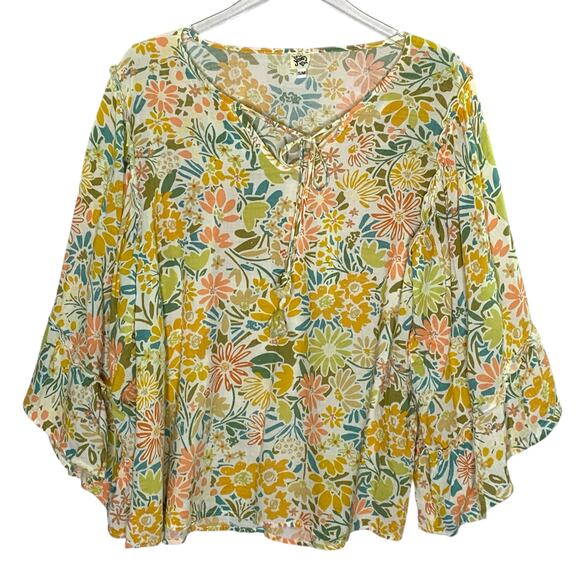 Ivy Jane SM Womens Floral Boho Flutter Sleeve Blouse Yellow Gold - Picture 1 of 8